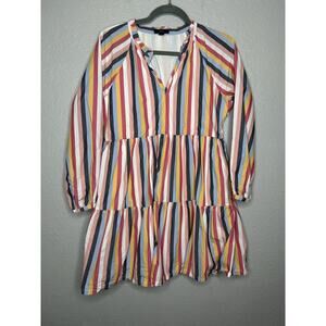 J Crew Tiered Popover Dress Rainbow Striped Cotton Poplin Long Sleeve Petite Med